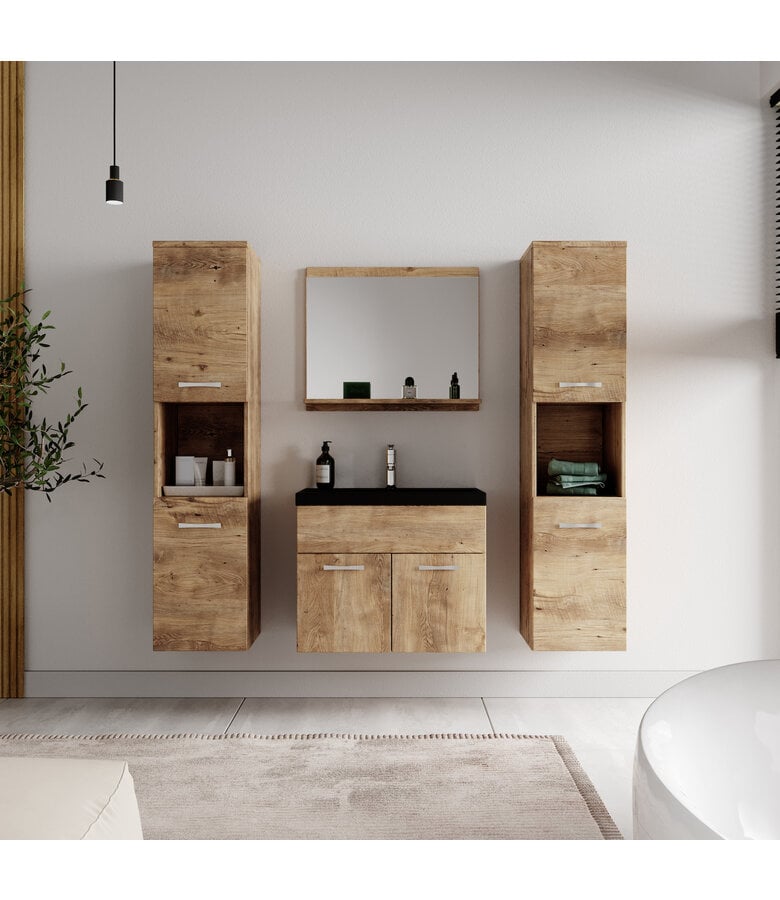 Badplaats Badkamermeubel Montreal XL 60cm Complete Set - Kastanje Eiken - Zwarte Wastafel