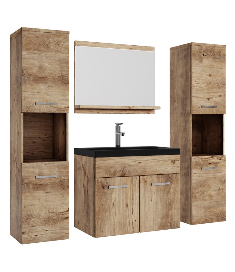 badplaats Badkamermeubel Montreal XL 60cm complete set - kastanje eiken - zwarte wastafel