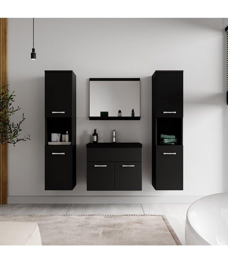 Badplaats Badkamermeubel Montreal XL 60cm Complete Set - Mat Zwart - Zwarte Wastafel