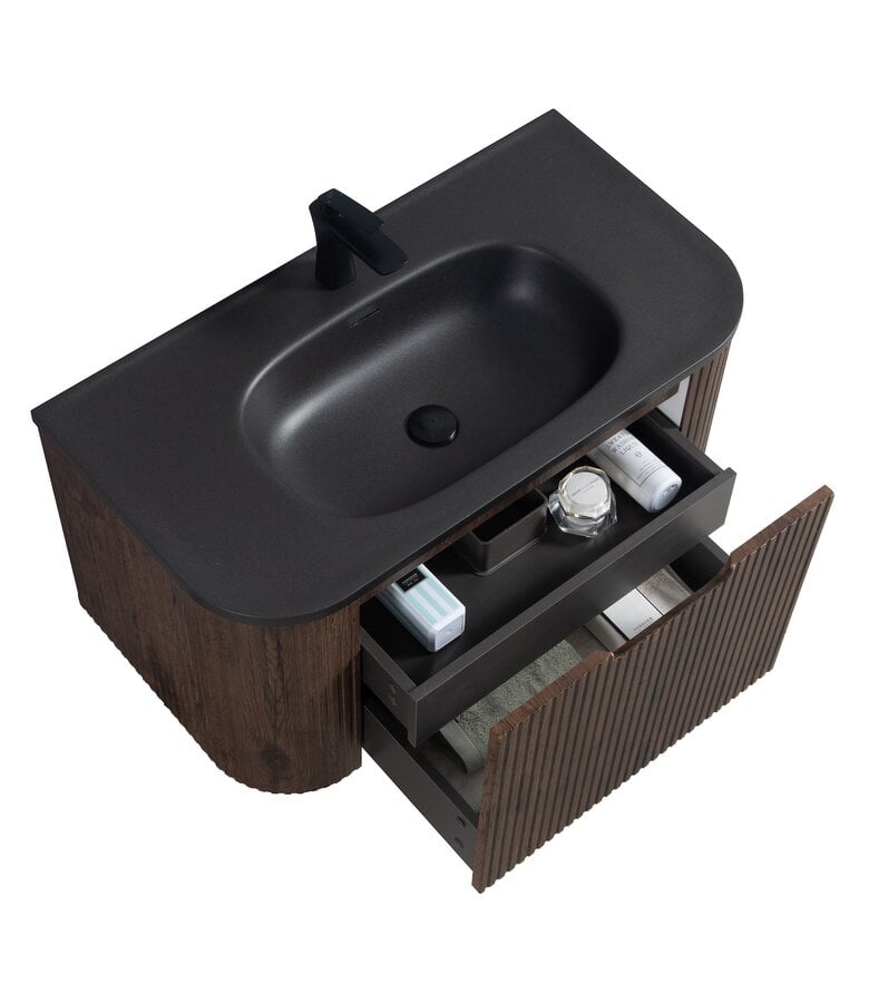 Badplaats Badkamermeubel Murcia 90cm - Walnoot Bruin - Zwarte Wastafel