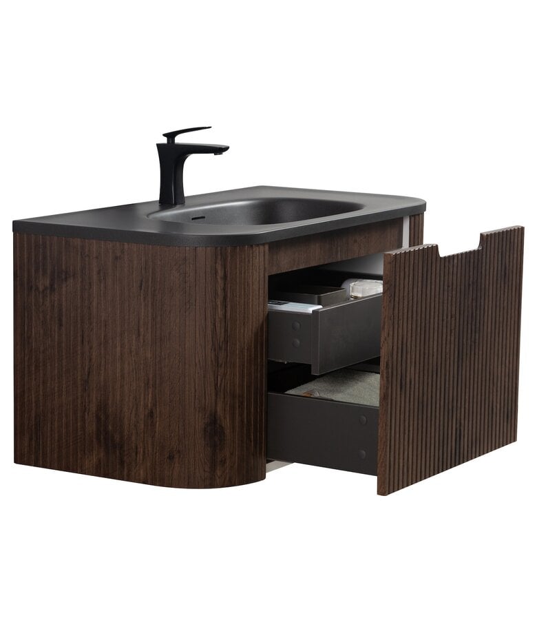 Badplaats Badkamermeubel Murcia 90cm - Walnoot Bruin - Zwarte Wastafel