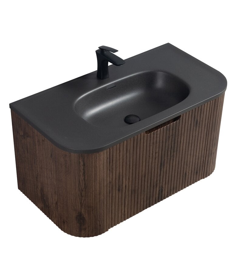 Badplaats Badkamermeubel Murcia 90cm - Walnoot Bruin - Zwarte Wastafel