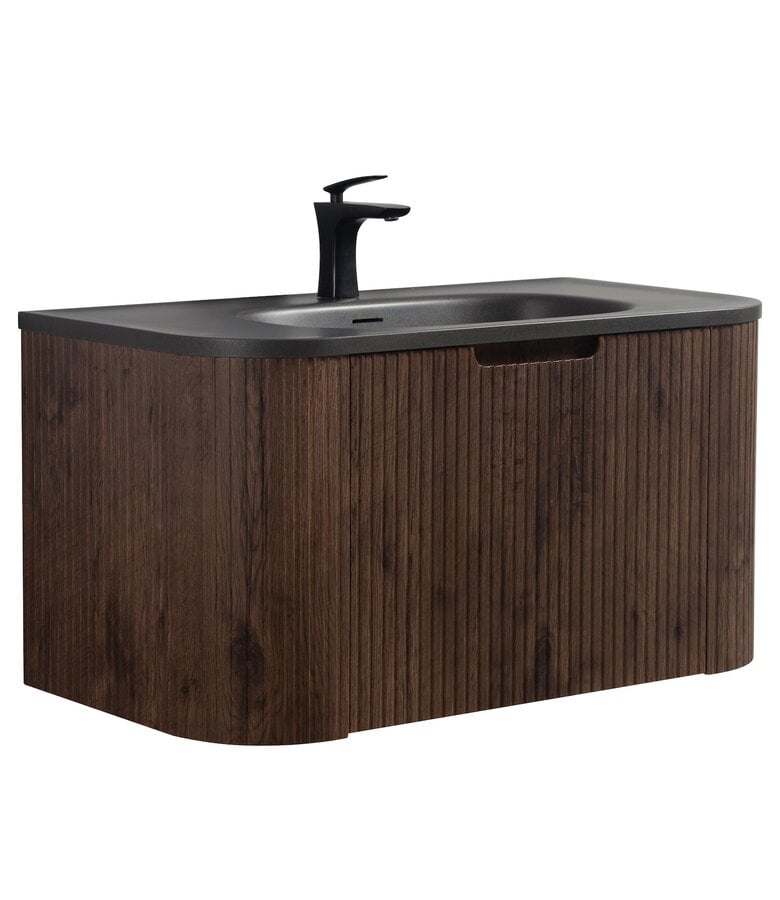 badplaats Badkamermeubel Murcia 90cm - walnoot bruin - zwarte wastafel