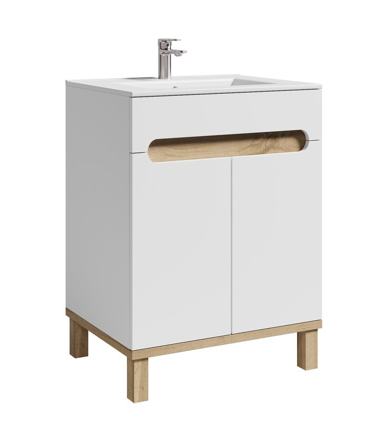 Badplaats Badkamermeubel Otero 60cm Met Zijkast - Hoogglans Wit Met Eiken