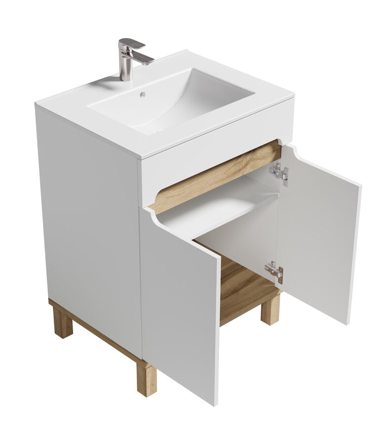 Badplaats Badkamermeubel Otero 60cm Met Zijkast - Hoogglans Wit Met Eiken