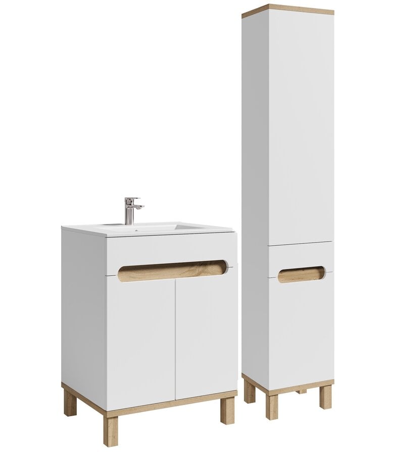 badplaats Badkamermeubel Otero 60cm met zijkast - hoogglans wit met eiken