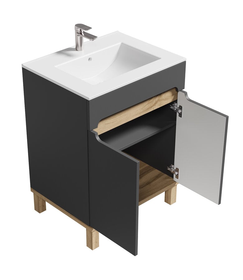 Badplaats Badkamermeubel Otero 60cm Met Zijkast - Mat Grijs Met Eiken