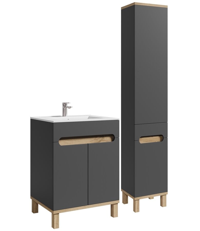 badplaats Badkamermeubel Otero 60cm met zijkast - mat grijs met eiken badplaats Badkamermeubel Otero 60cm met zijkast - mat grijs met eiken