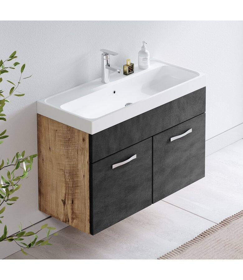 Badplaats Badkamermeubel Paso 01 80cm - Kastanje Eiken Met Donker Grijs