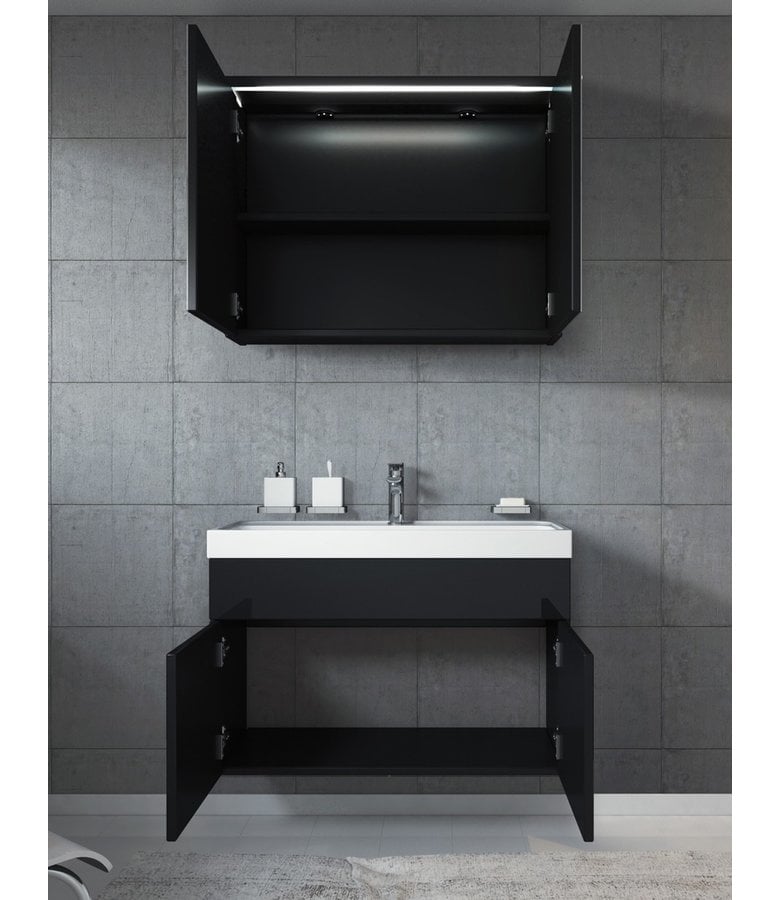 Badplaats Badkamermeubel Paso 02 80cm Met Spiegelkast - Hoogglans Zwart