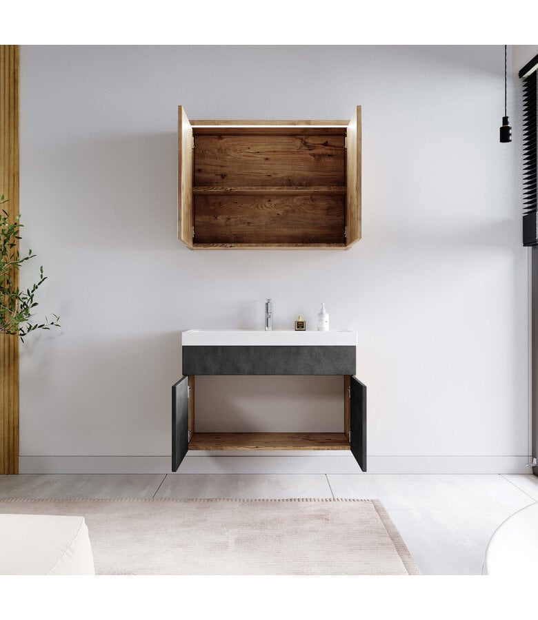 Badplaats Badkamermeubel Paso 02 80cm Met Spiegelkast - Kastanje Eiken Met Donker Grijs