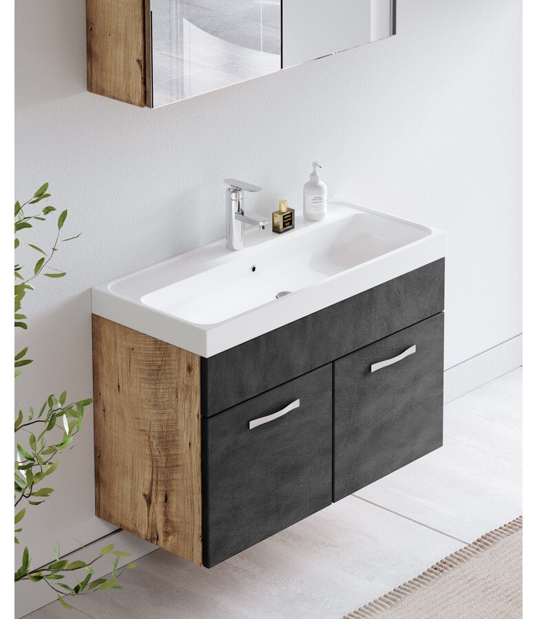 Badplaats Badkamermeubel Paso 02 80cm Met Spiegelkast - Kastanje Eiken Met Donker Grijs