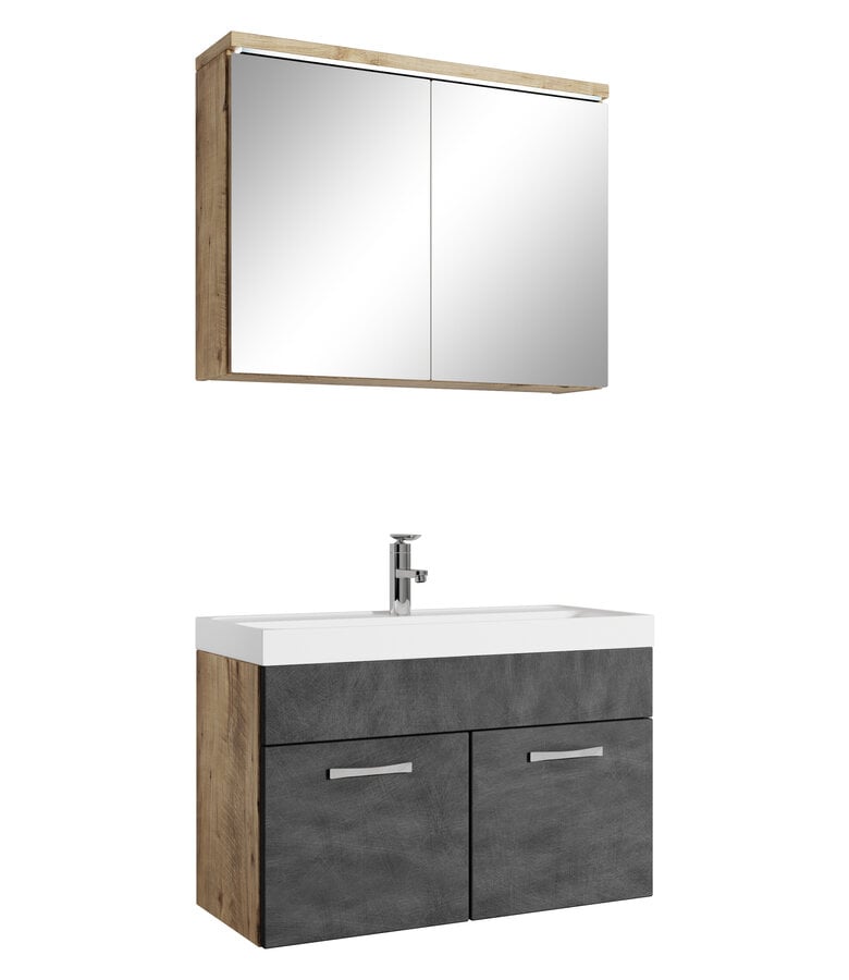 badplaats Badkamermeubel Paso 02 80cm met spiegelkast - kastanje eiken met donker grijs