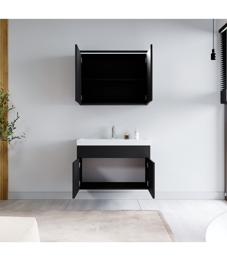 Badplaats Badkamermeubel Paso 02 80cm Met Spiegelkast - Mat Zwart