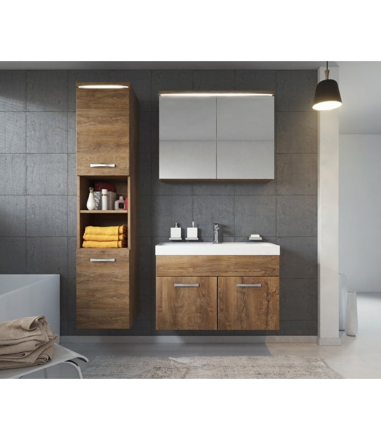 Badplaats Badkamermeubel Paso LED 80cm Met Spiegelkast - Bruin Eiken
