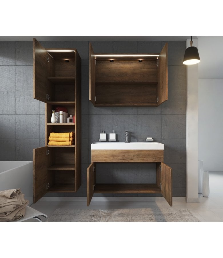Badplaats Badkamermeubel Paso LED 80cm Met Spiegelkast - Bruin Eiken
