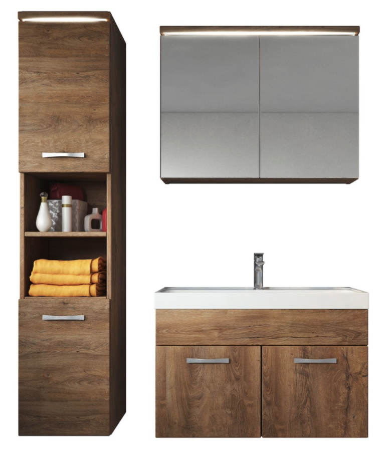 badplaats Badkamermeubel Paso LED 80cm met spiegelkast - bruin eiken