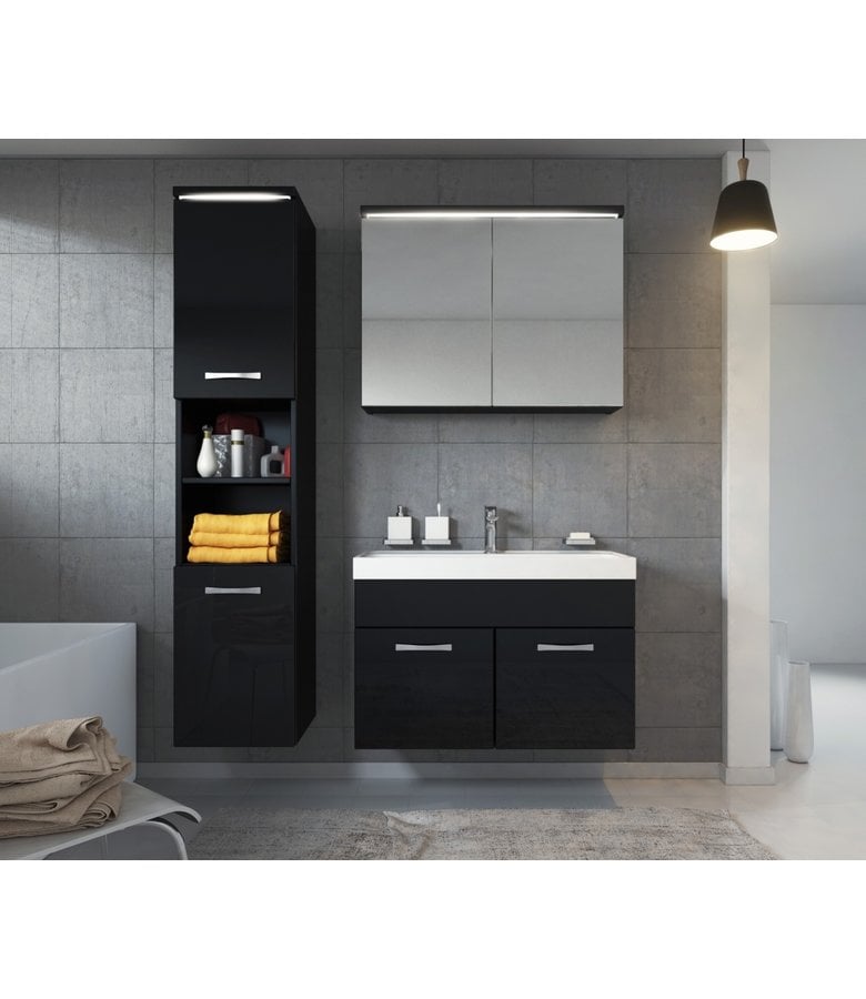 Badplaats Badkamermeubel Paso LED 80cm Met Spiegelkast - Hoogglans Zwart