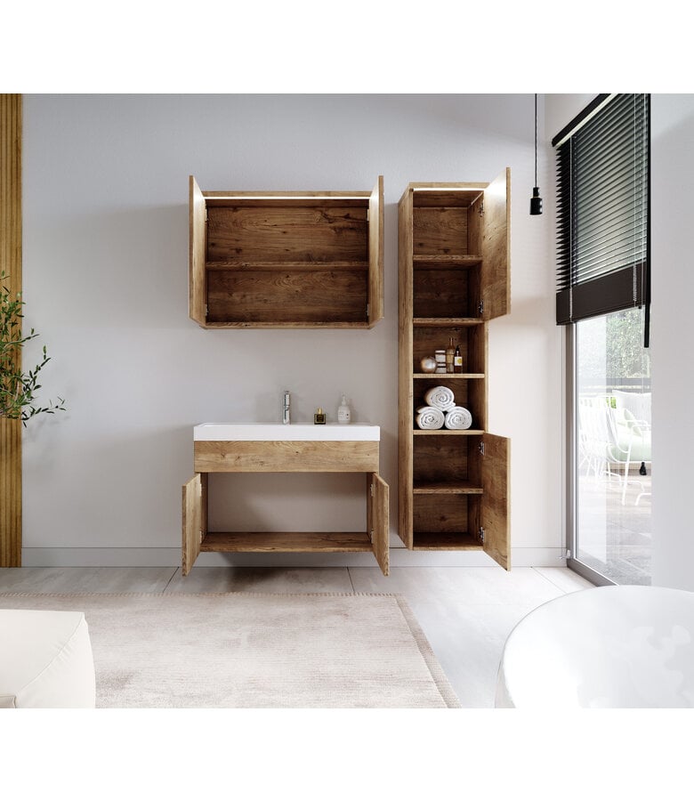 Badplaats Badkamermeubel Paso LED 80cm Met Spiegelkast - Kastanje Eiken