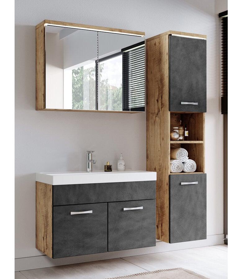 Badplaats Badkamermeubel Paso LED 80cm Met Spiegelkast - Kastanje Eiken Met Donker Grijs