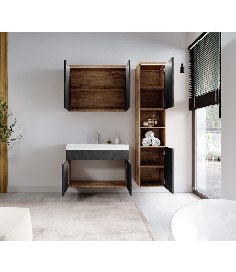 Badplaats Badkamermeubel Paso LED 80cm Met Spiegelkast - Kastanje Eiken Met Donker Grijs