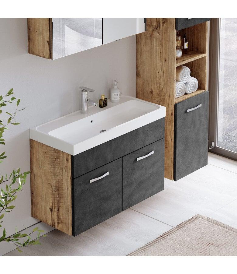 Badplaats Badkamermeubel Paso LED 80cm Met Spiegelkast - Kastanje Eiken Met Donker Grijs