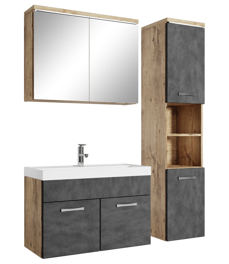 badplaats Badkamermeubel Paso LED 80cm met spiegelkast - kastanje eiken met donker grijs