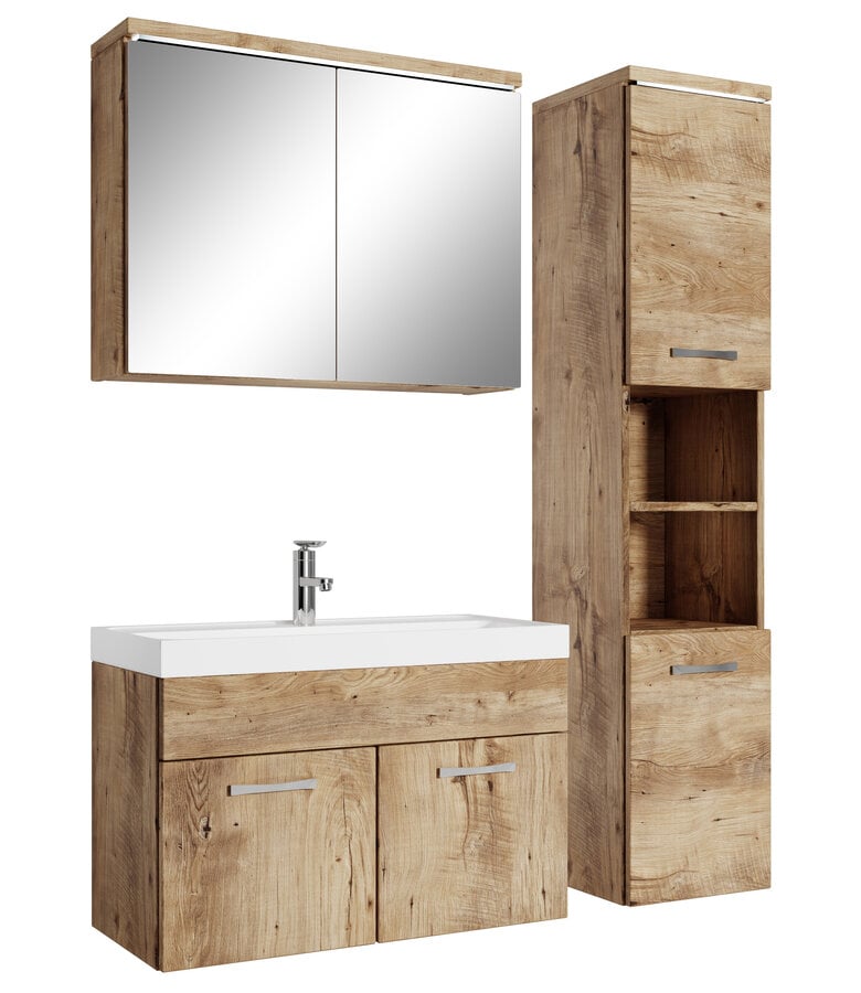 badplaats Badkamermeubel Paso LED 80cm met spiegelkast - kastanje eiken