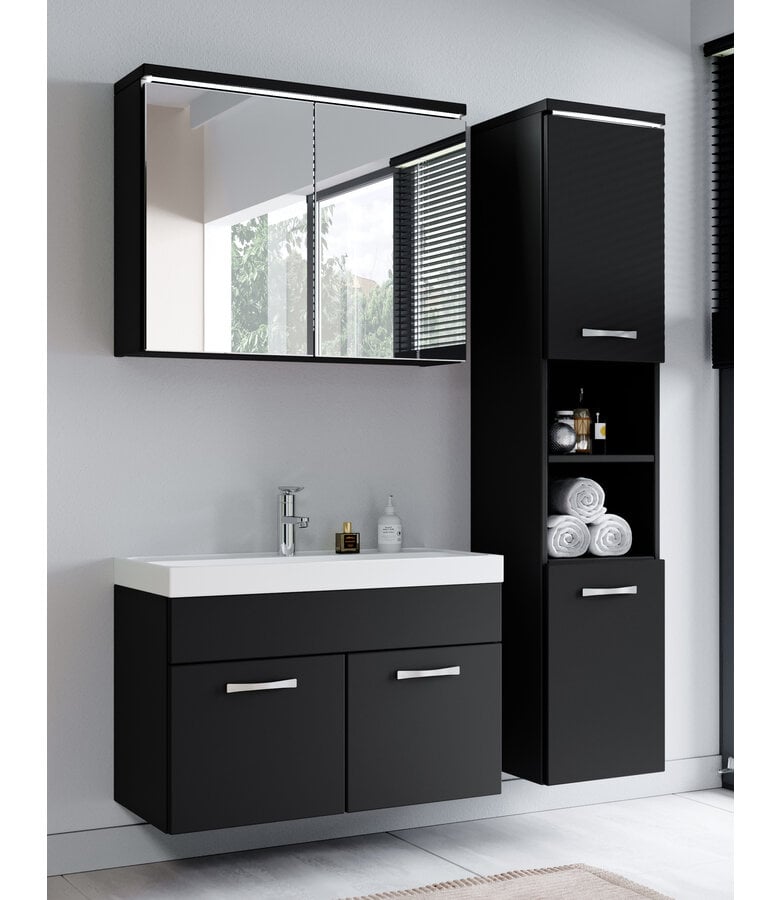 Badplaats Badkamermeubel Paso LED 80cm Met Spiegelkast - Mat Zwart