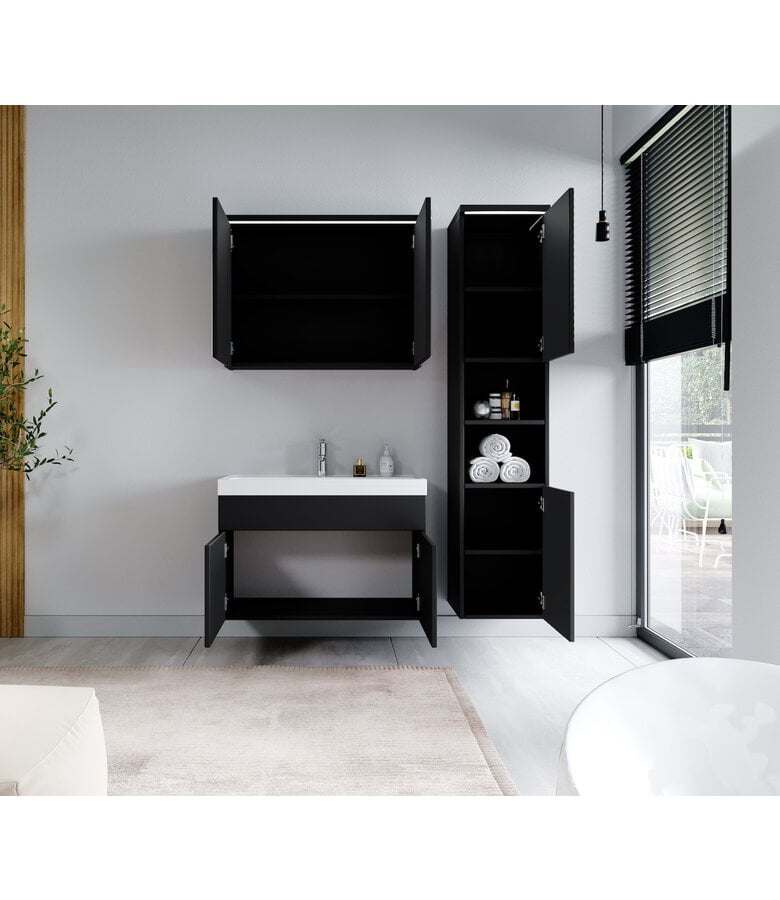 Badplaats Badkamermeubel Paso LED 80cm Met Spiegelkast - Mat Zwart