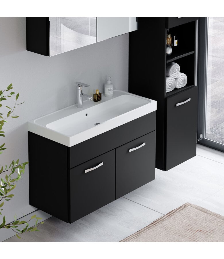 Badplaats Badkamermeubel Paso LED 80cm Met Spiegelkast - Mat Zwart