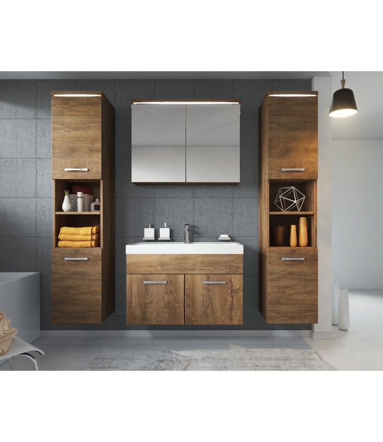 Badplaats Badkamermeubel Paso XL LED 80cm Met Spiegelkast - Bruin Eiken