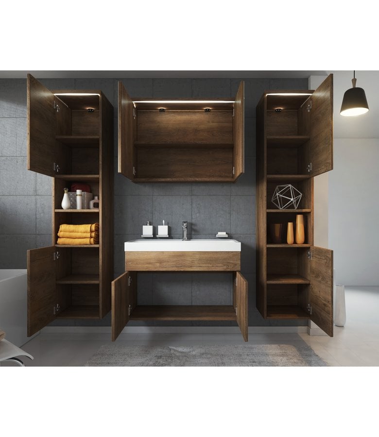 Badplaats Badkamermeubel Paso XL LED 80cm Met Spiegelkast - Bruin Eiken