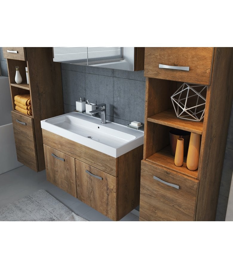 Badplaats Badkamermeubel Paso XL LED 80cm Met Spiegelkast - Bruin Eiken