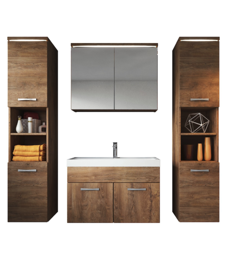 badplaats Badkamermeubel Paso XL LED 80cm met spiegelkast - bruin eiken