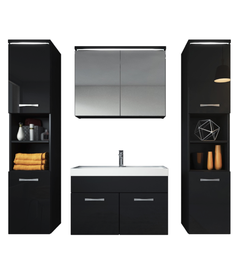 badplaats Badkamermeubel Paso XL LED 80cm met spiegelkast - hoogglans zwart