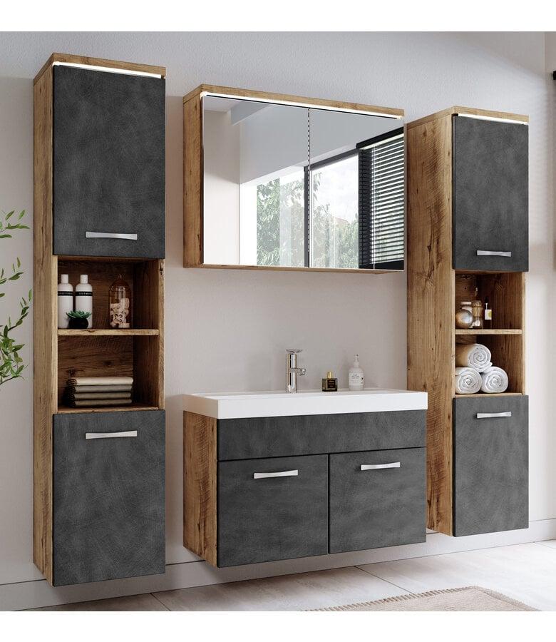 Badplaats Badkamermeubel Paso XL LED 80cm Met Spiegelkast - Kastanje Eiken Met Donker Grijs