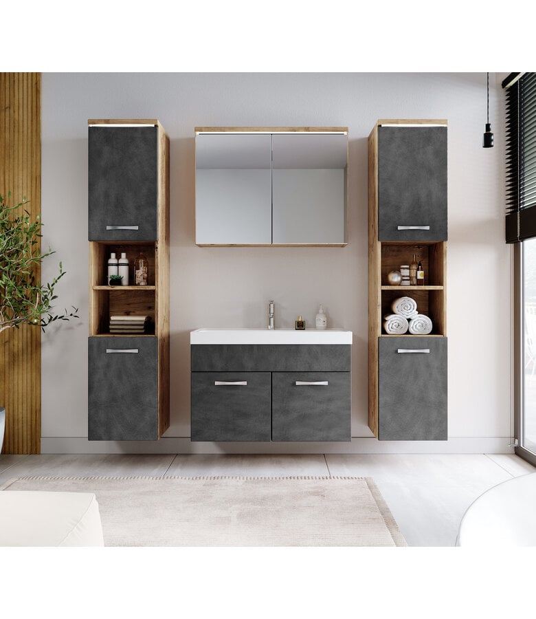 Badplaats Badkamermeubel Paso XL LED 80cm Met Spiegelkast - Kastanje Eiken Met Donker Grijs