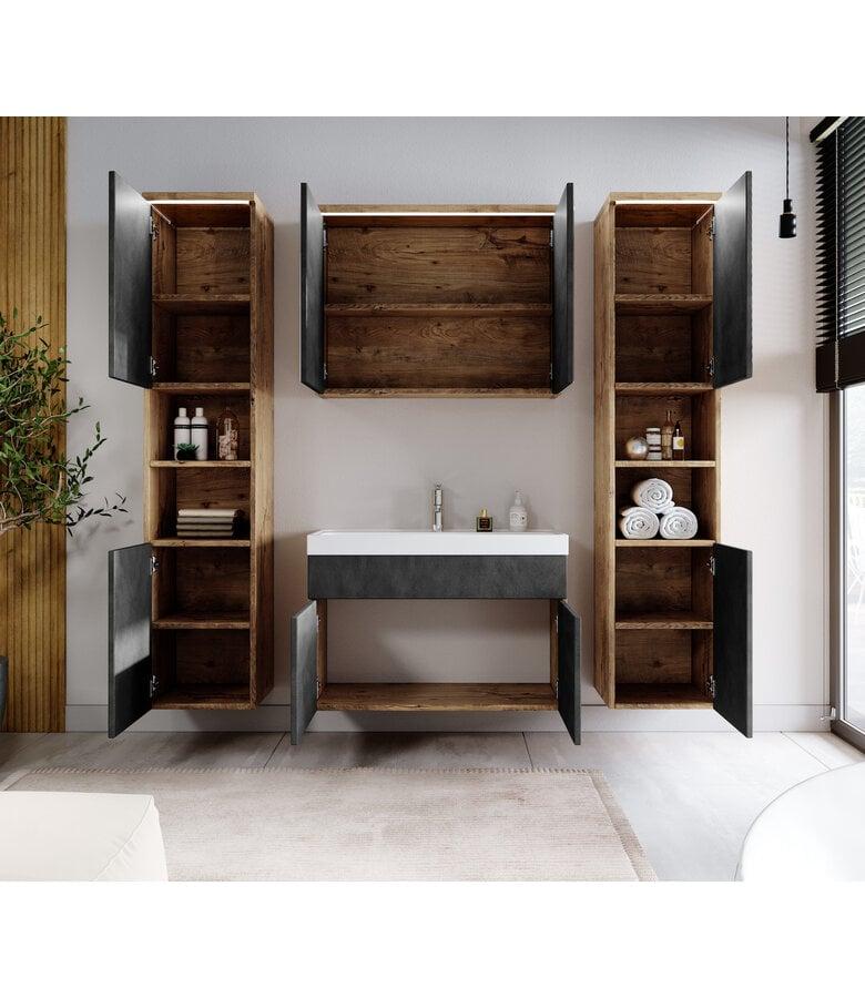 Badplaats Badkamermeubel Paso XL LED 80cm Met Spiegelkast - Kastanje Eiken Met Donker Grijs