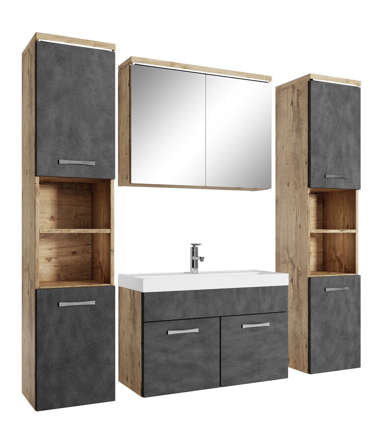 badplaats Badkamermeubel Paso XL LED 80cm met spiegelkast - kastanje eiken met donker grijs