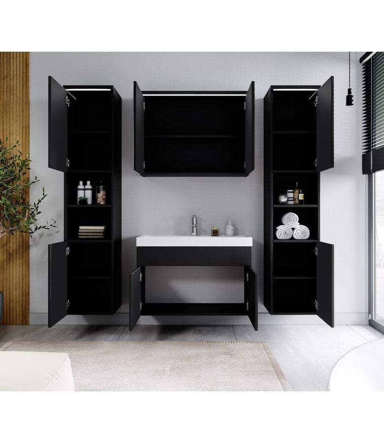 Badplaats Badkamermeubel Paso XL LED 80cm Met Spiegelkast - Mat Zwart