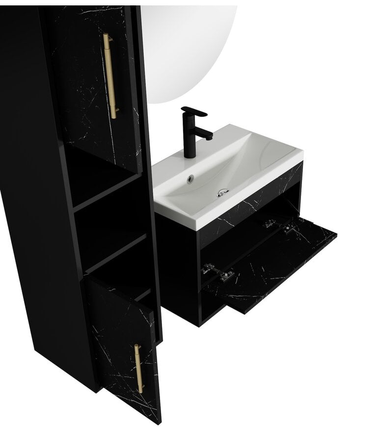 Badplaats Badkamermeubel Salcedo 60cm Met Spiegel - Zwart Marmer Look