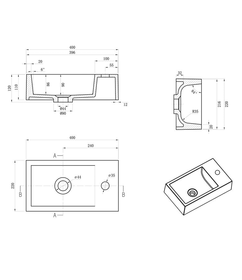 Badplaats Wastafel Angela 40 X 22 Cm - Wit