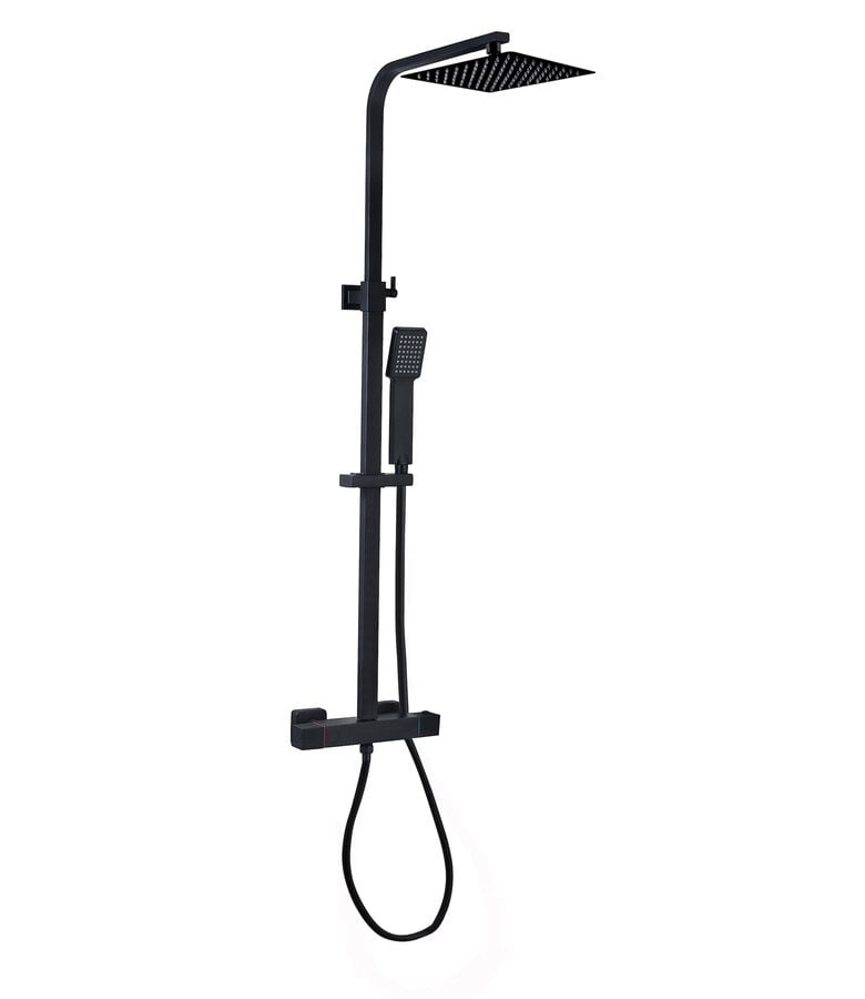 badplaats Douchestang set Levu - zwart - thermostaat - met handdouche en douchekop