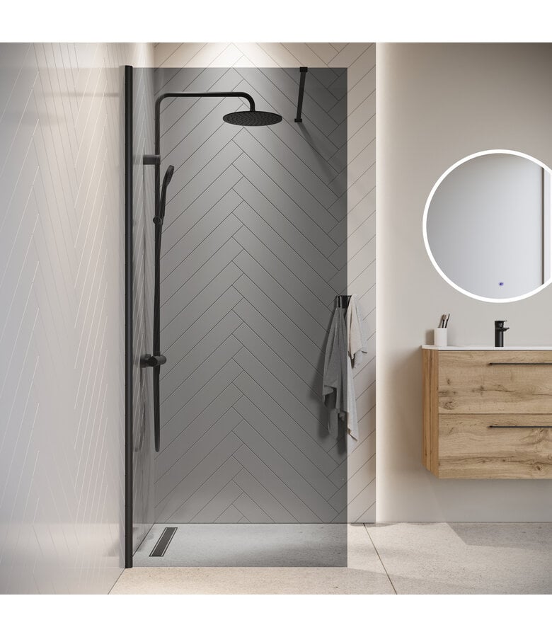 Badplaats Douchewand Rizani 70 X 200 Cm - Rookglas - Zwart Profiel - Nano Coating
