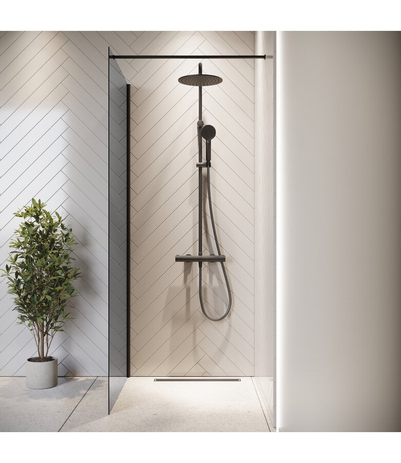 Badplaats Douchewand Rizani 80 X 200 Cm - Rookglas - Zwart Profiel - Nano Coating