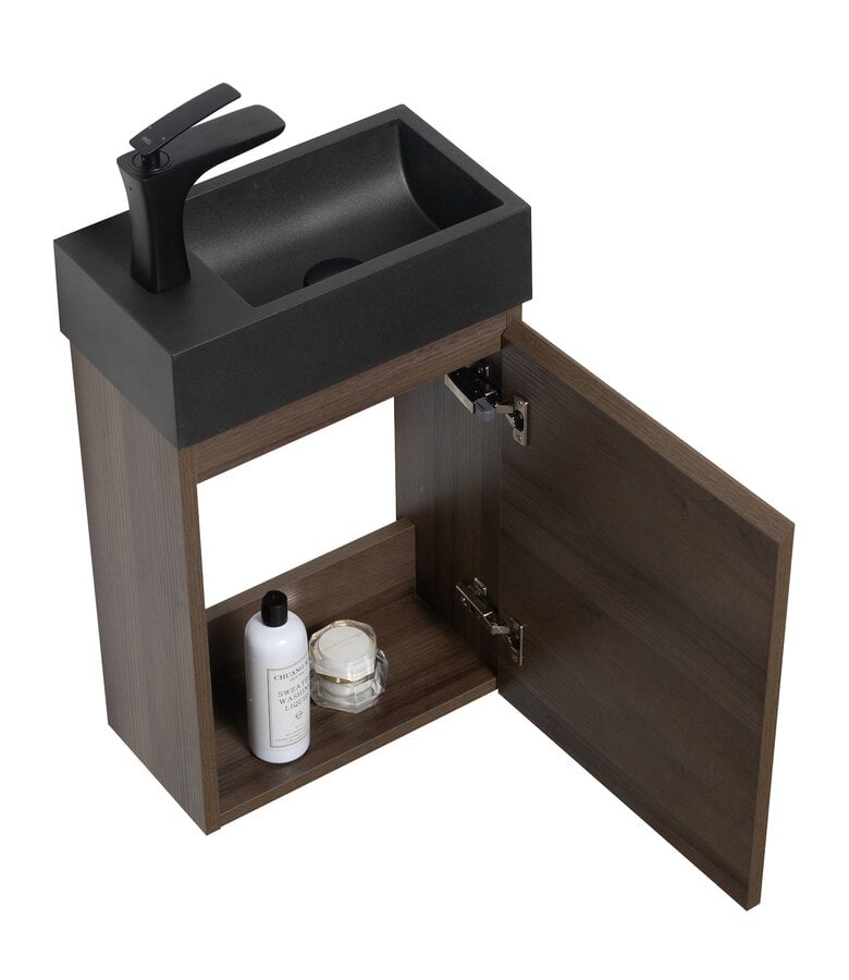 Badplaats Toiletmeubel Angela 40cm - Bruin Eiken Met Zwarte Wastafel