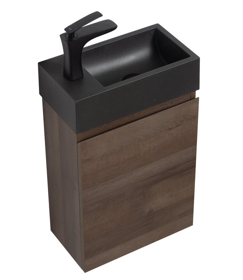 Badplaats Toiletmeubel Angela 40cm - Bruin Eiken Met Zwarte Wastafel