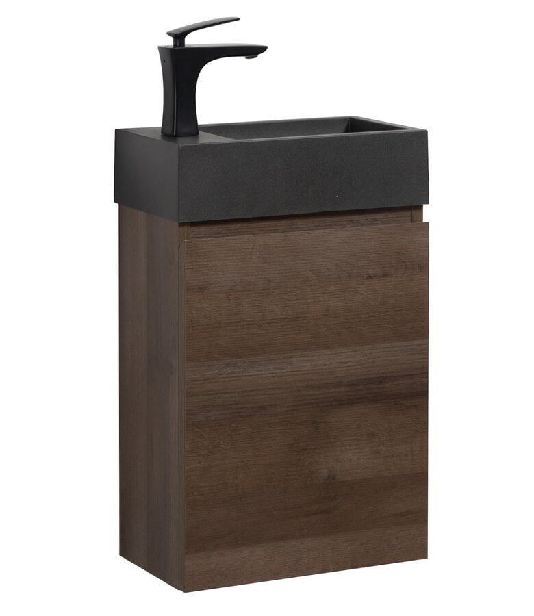 badplaats Toiletmeubel Angela 40cm - bruin eiken met zwarte wastafel