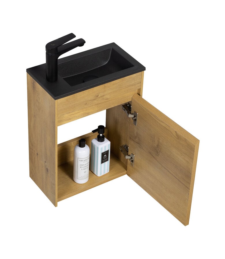 Badplaats Toiletmeubel Sinta 40cm - Eiken - Zwarte Wastafel